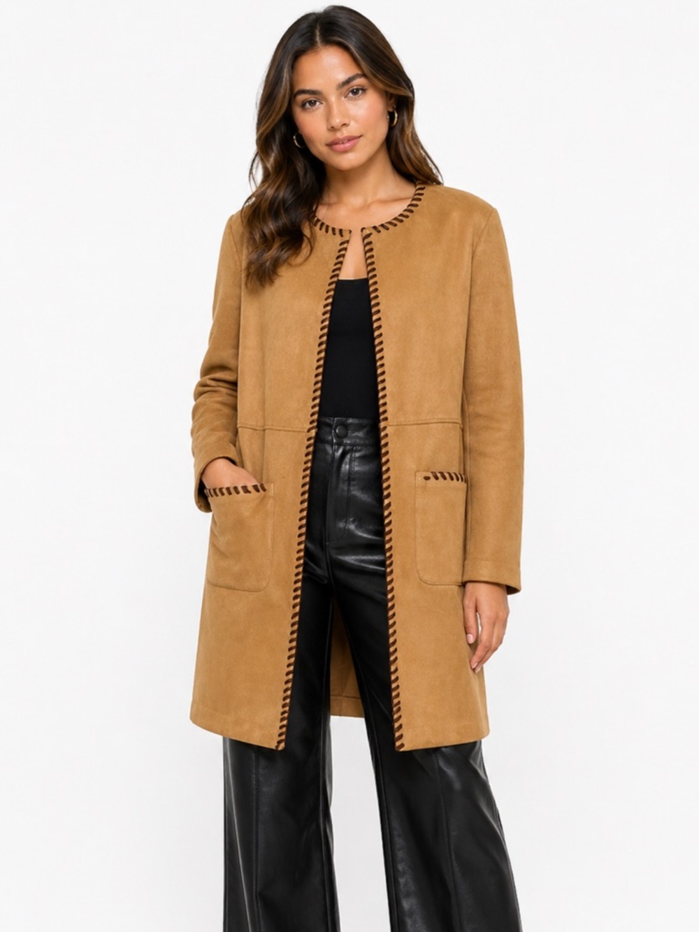 Marc New York Faux Suede Whipstitch Trim Coat size small